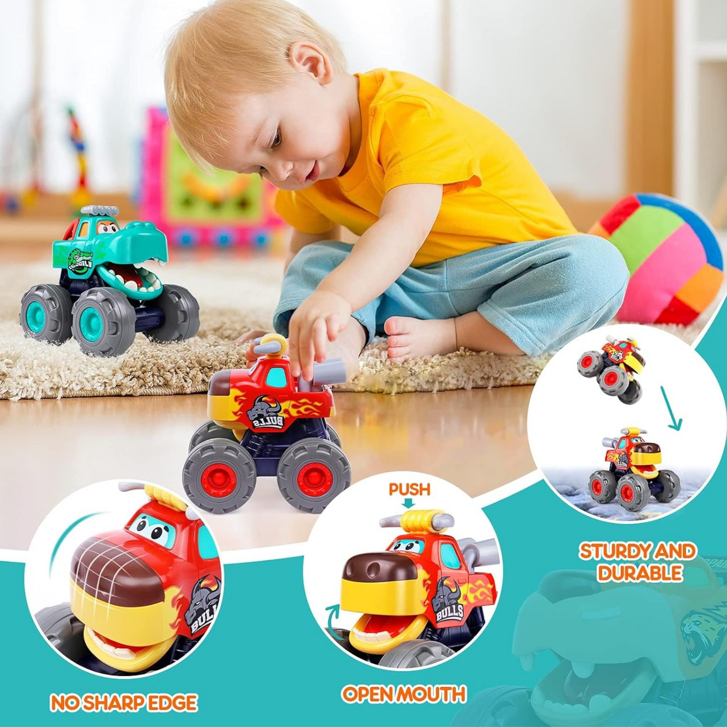 Friction Powered Monster Truck Toy, Push & Go, Toy Cars, Cars for Toddlers - Red, Orange