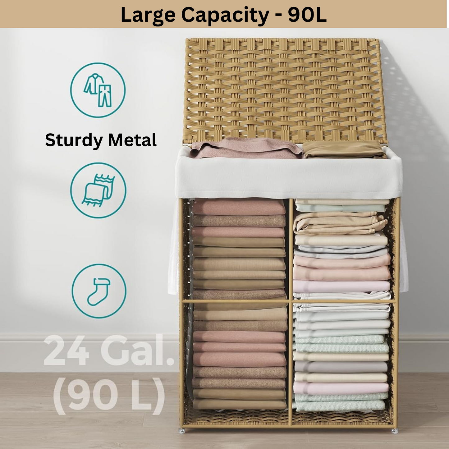 90L Laundry Basket With Lid  Compartment & Linen 2 Collapsible Storage Cube