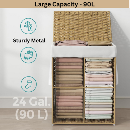 90 L Collapsible Laundry Hamper with Lid, Divider & 2 Storage Cubes
