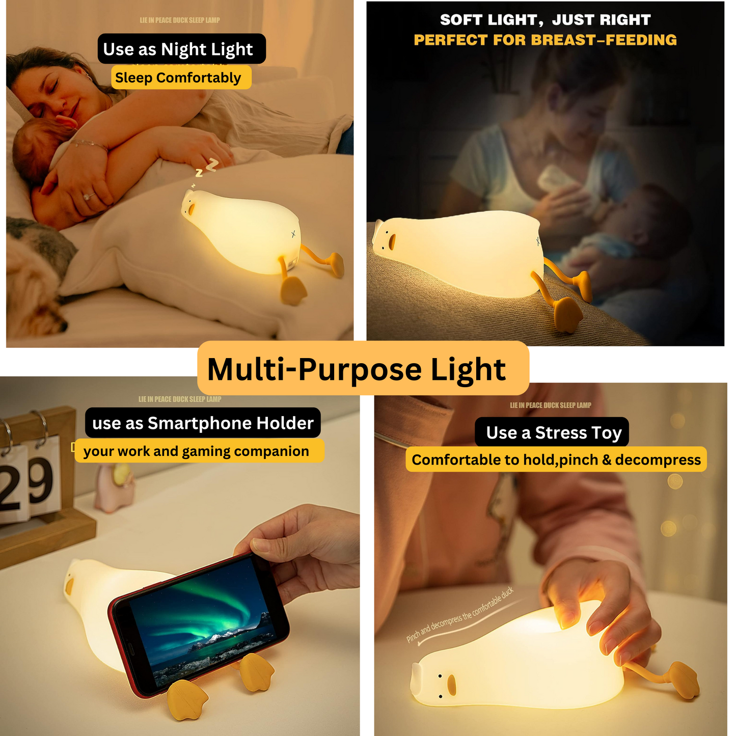 Lying Flat Duck Night Light, LED Squishy Duck Lamp, Cute Light Up Duck, Silicone Dimmable Nursery Nightlight, Rechargeable Bedside Touch Lamp for Breastfeeding, Finn The Duck