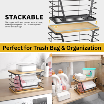 2-Piece Stackable Pantry Organiser & Trash Bag Holder with Bamboo Lid