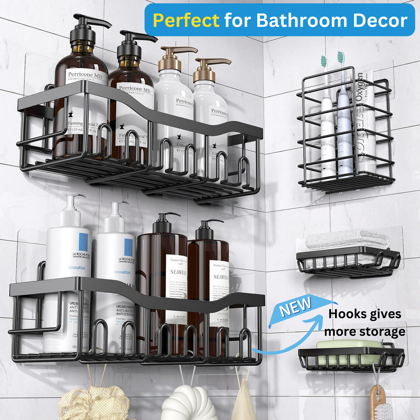 5 Pack Adhesive Shower Caddy, Bathroom Organizers & Storage, No Drilling Shelves, Home Decor,Bathroom Accessories