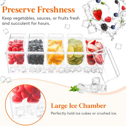Ice Chilled Serving Set for Party With 5 Containers, Lids, Spoons & Tongs