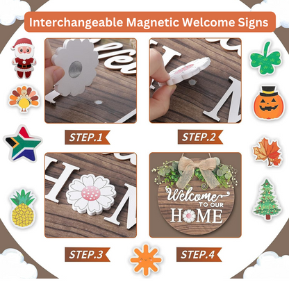 Wooden Welcome Sign with 14 Seasonal Magnets for Front Door Décor