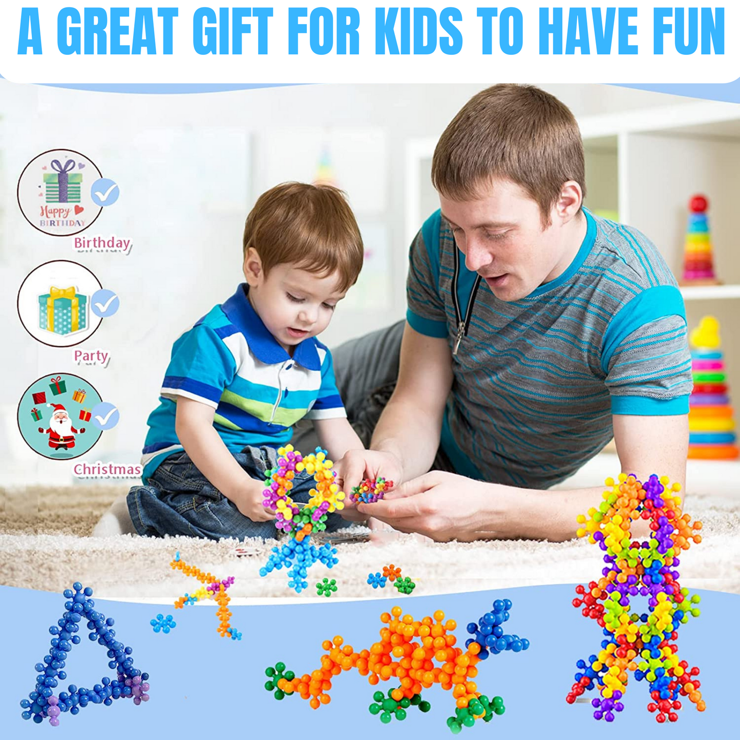 300 Piece Snowflake Building Blocks Kids STEM Toys,3D Shape, with Storage Box