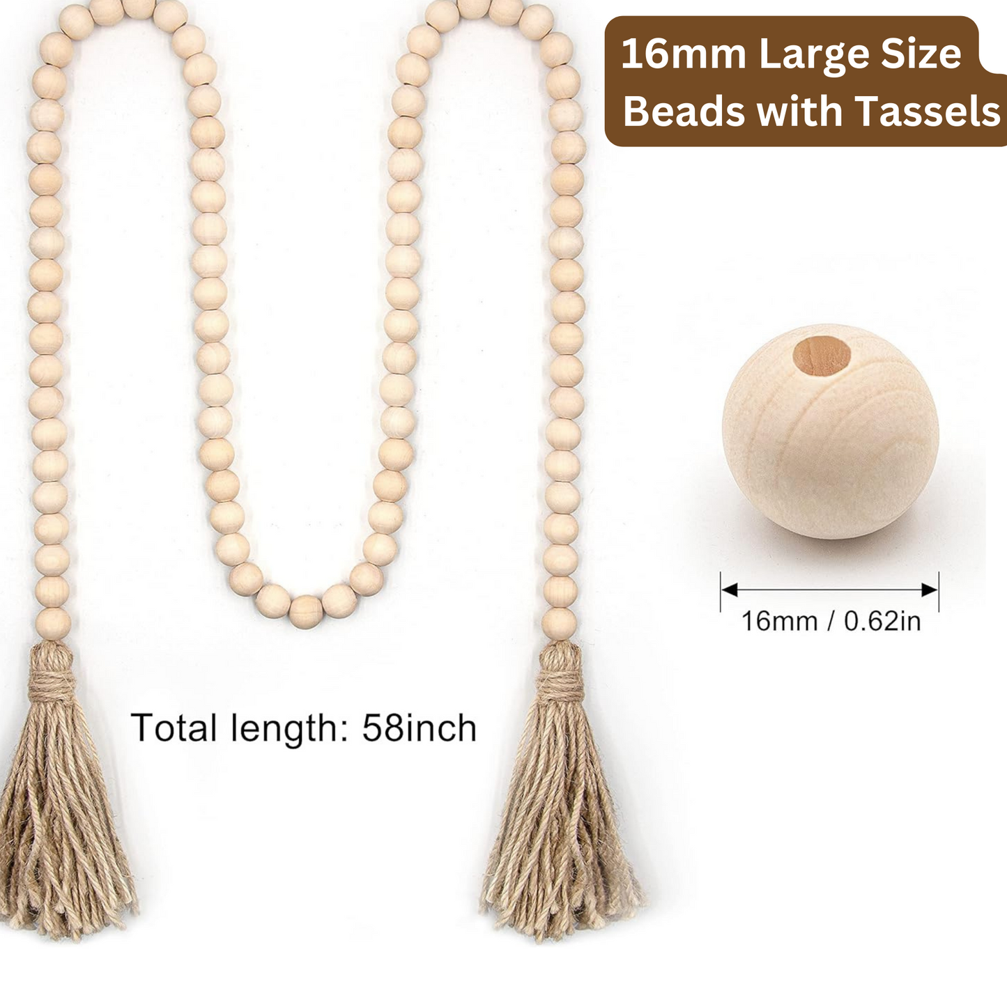 2 Pcs Farmhouse Wood Beads Garland with Tassels, Boho Home Decor, Handmade