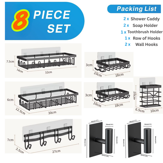 Shower Caddy with Hooks, Bathroom Organizers, Premium Metal, Adhesive - 8 Piece