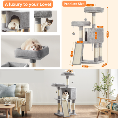 Indoor Cat Tree Tower with Scratching Post & 4 Spiral Toys