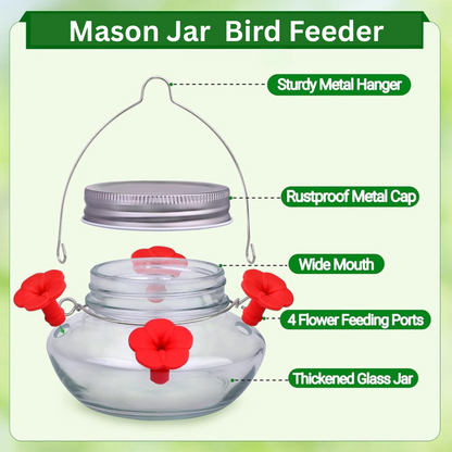 Hanging Mason Jar Bird Feeder with Nectar Ports for Garden