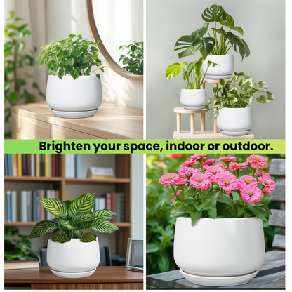 17 cm White Ceramic Plant Pot with Drainage Hole & Saucer
