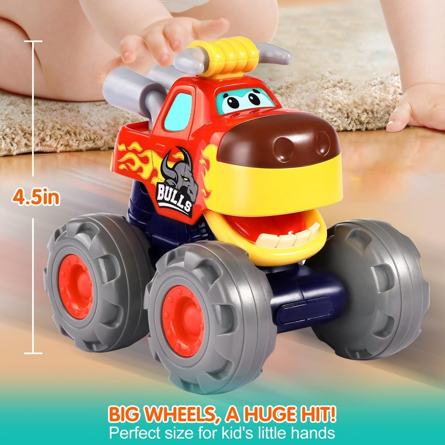 Friction Powered Monster Truck Toy, Push & Go, Toy Cars, Cars for Toddlers - Red, Orange