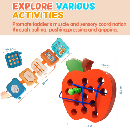 2-in-1 Montessori Busy Board & Apple Threading Travel Toy for Toddlers
