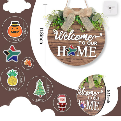 Wooden Welcome Sign with 14 Seasonal Magnets for Front Door Décor