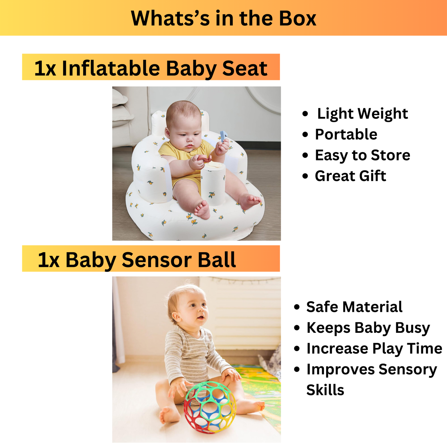 Inflatable Baby Seat With Built in Air Pump & Baby Sensory Ball Toy