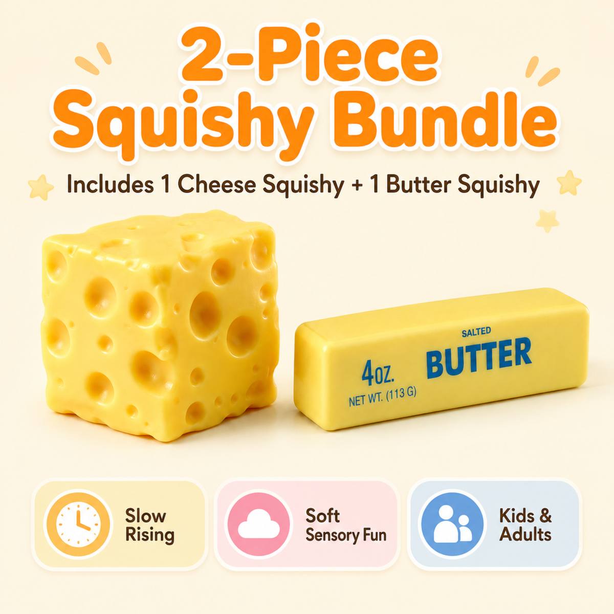 2-Piece Butter & Cheese Slow-Rise Squishy Fidget Toy Set