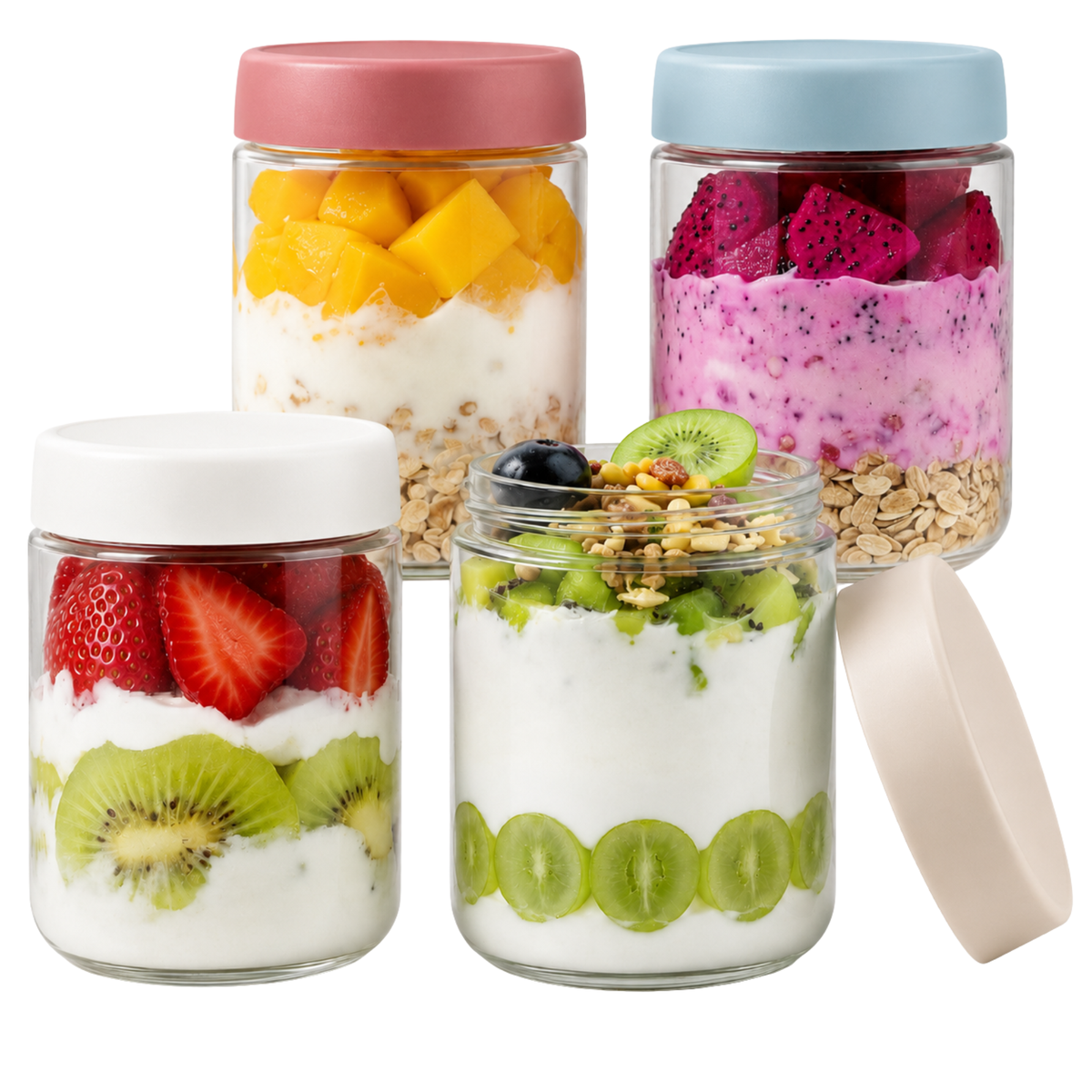 4-Pack Glass Overnight Oats Jars with Leakproof Lids