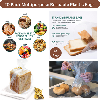 Kitchen Bread Storage Box with 20 Reusable Bread Bags & Ties