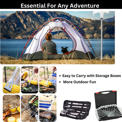 20 Glow-in-the-Dark Tent Pegs with 5-Piece Stainless Steel Braai Set