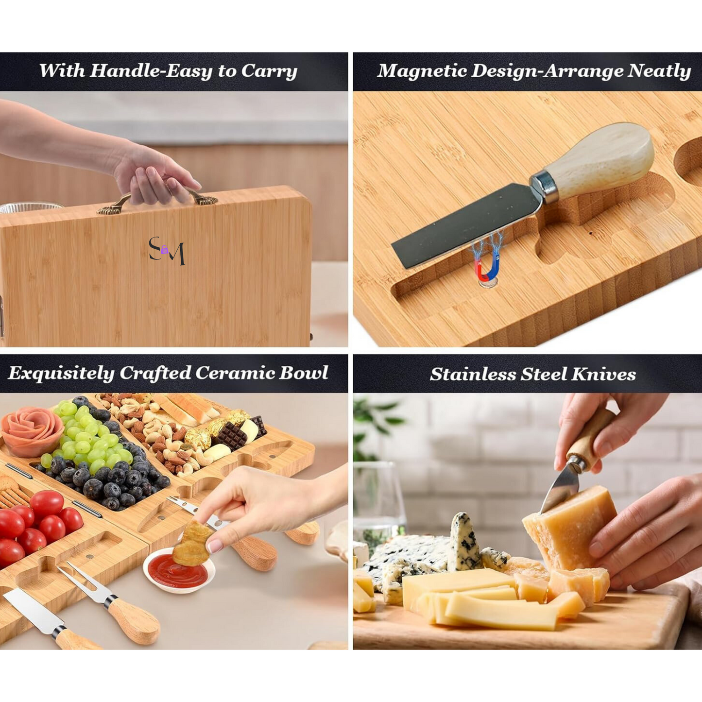 Premium Foldable Cheese Board Charcuterie, 4 Stainless Steel Cheese Knives